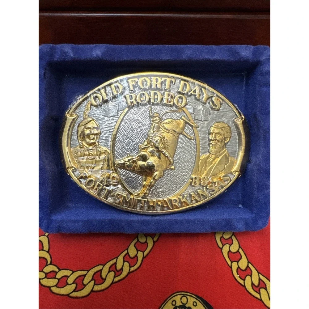 Old Fort Dats Rodeo 1989 Fort Smith Arkansas Belt Buckle NEW! Gold Plated W Box